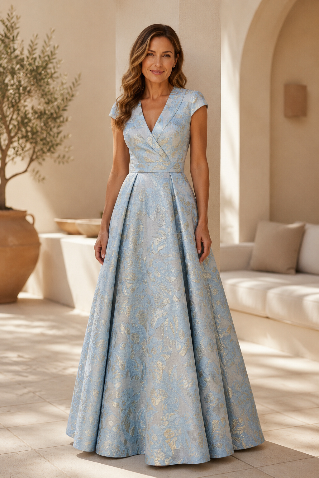 Abendkleid aus Jacquard mit A-Linie und Kappenärmeln