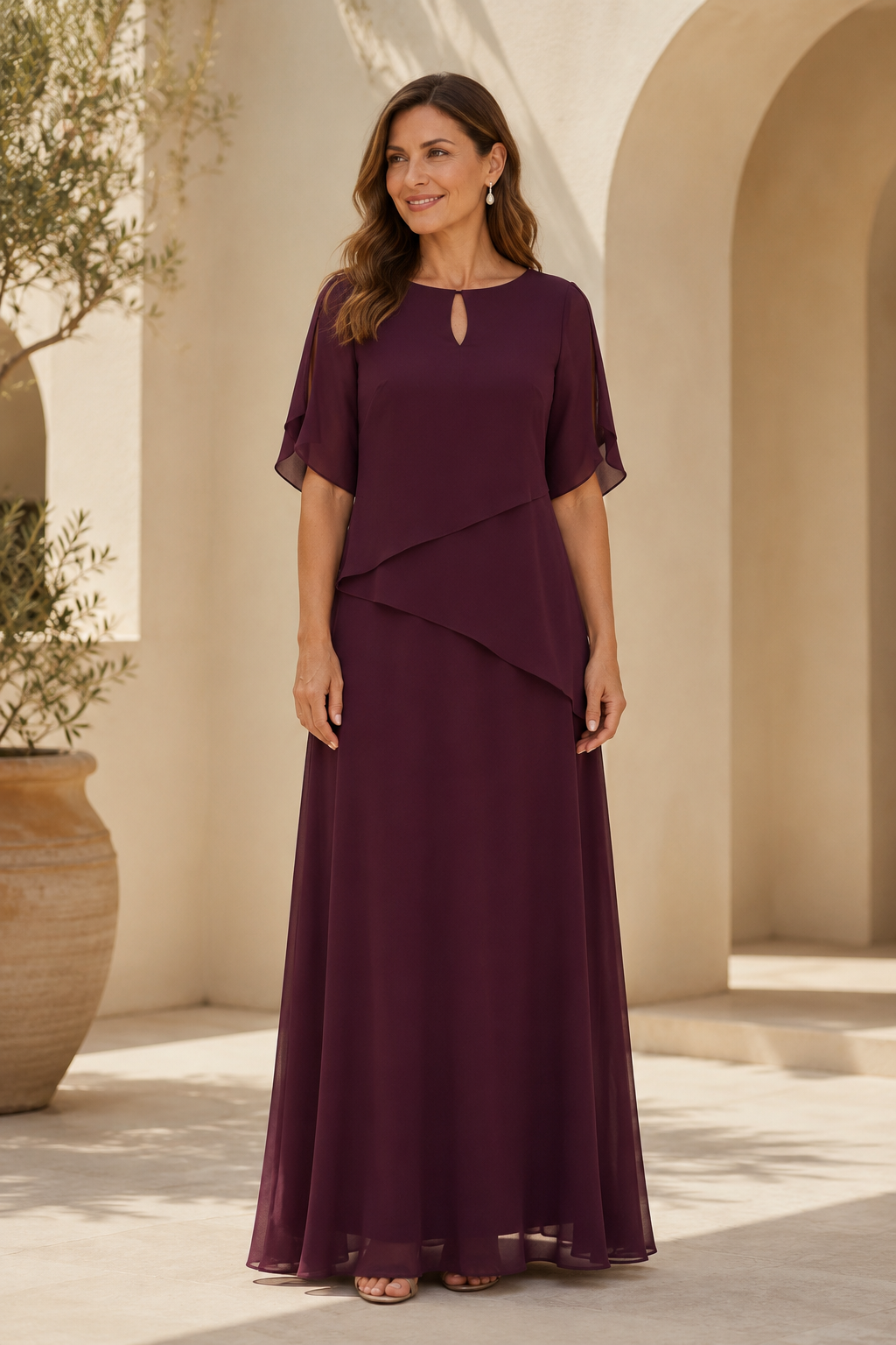 Asymmetrisches gestuftes Chiffon-Abendkleid in A-Linie