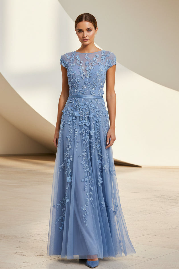 A-Linien-Kleid mit Cap-Ärmeln und 3D-Blumenapplikationen