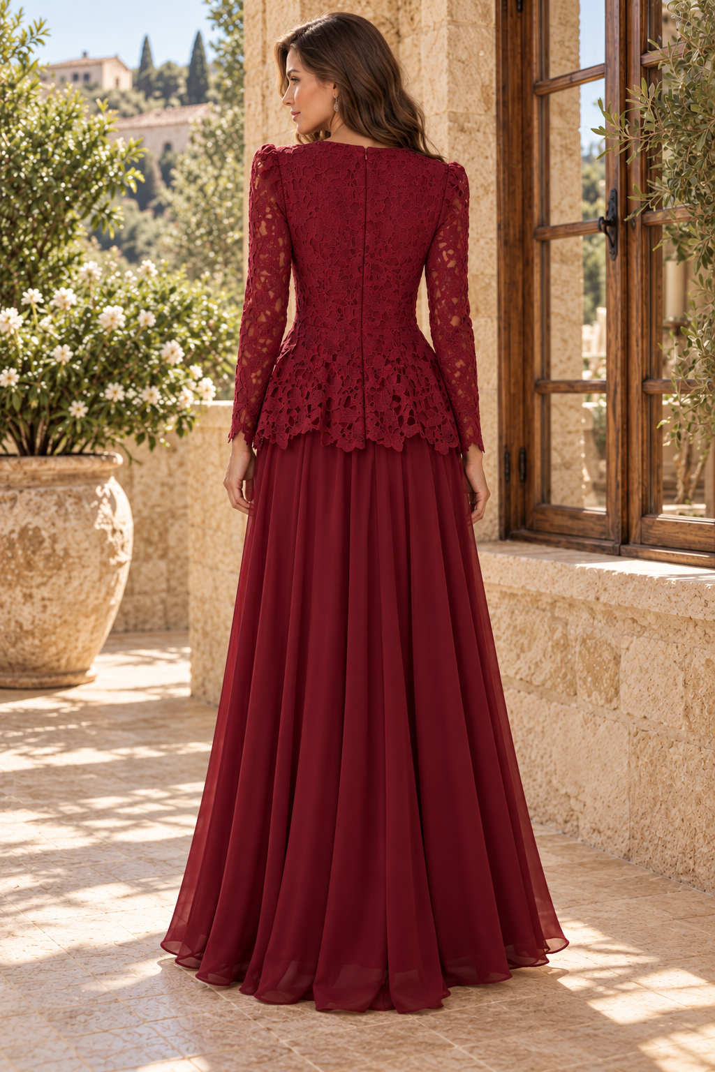 Peplum Lace Bodice V-Neck Evening Dress