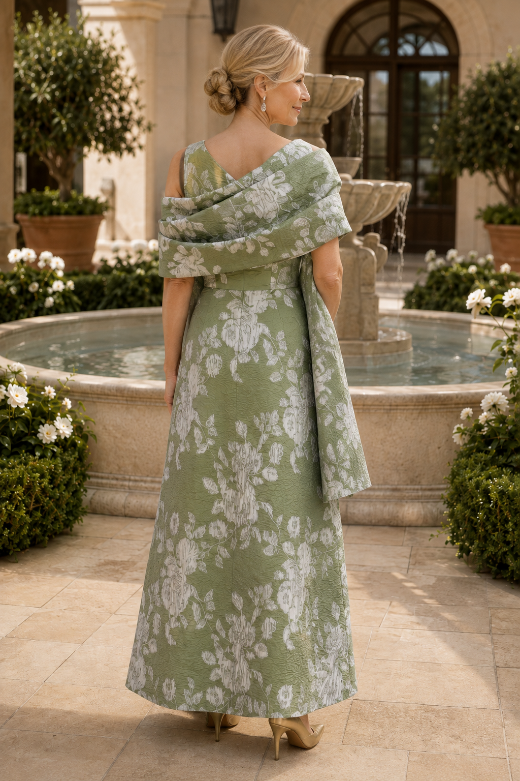 Blumen-Jacquard-Abendkleid mit One-Shoulder-Träger und Stola