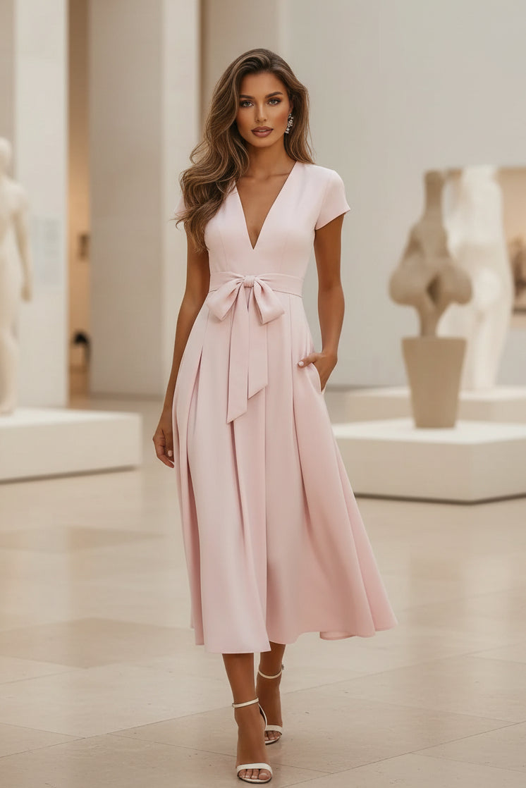 Midi-Kleid mit tiefem V-Ausschnitt, Flügelärmeln und Schleifengürtel