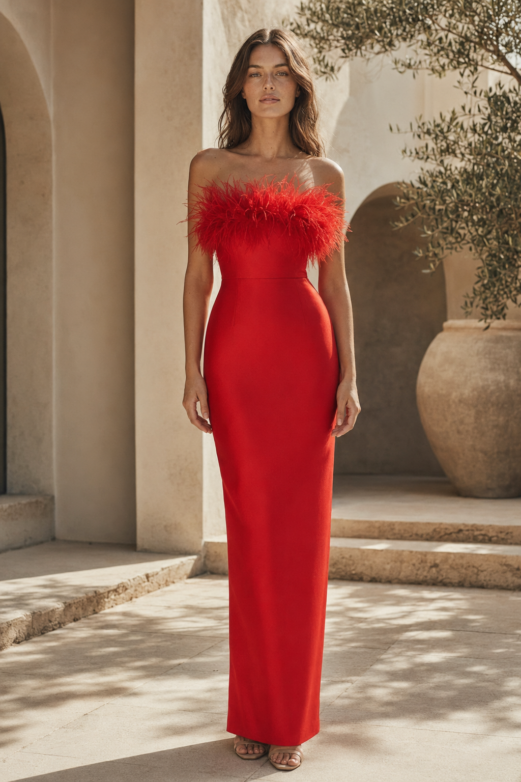 Trägerloses Abendkleid mit Federn und geradem Schnitt