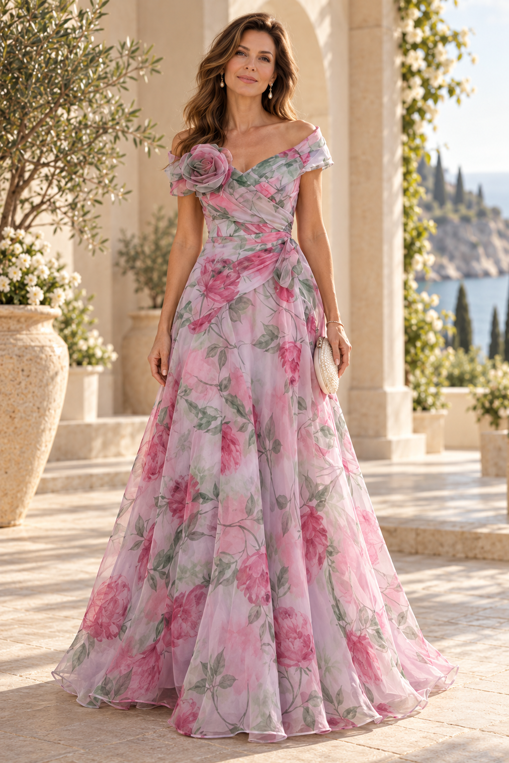 Floral Off-the-Shoulder A-Line Gown with Rosette