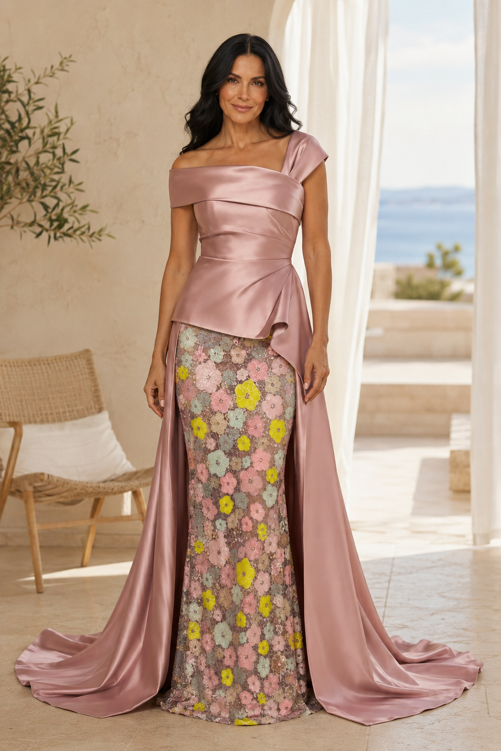 Off-Shoulder Blumen Paillettenkleid mit Satin-Überrock