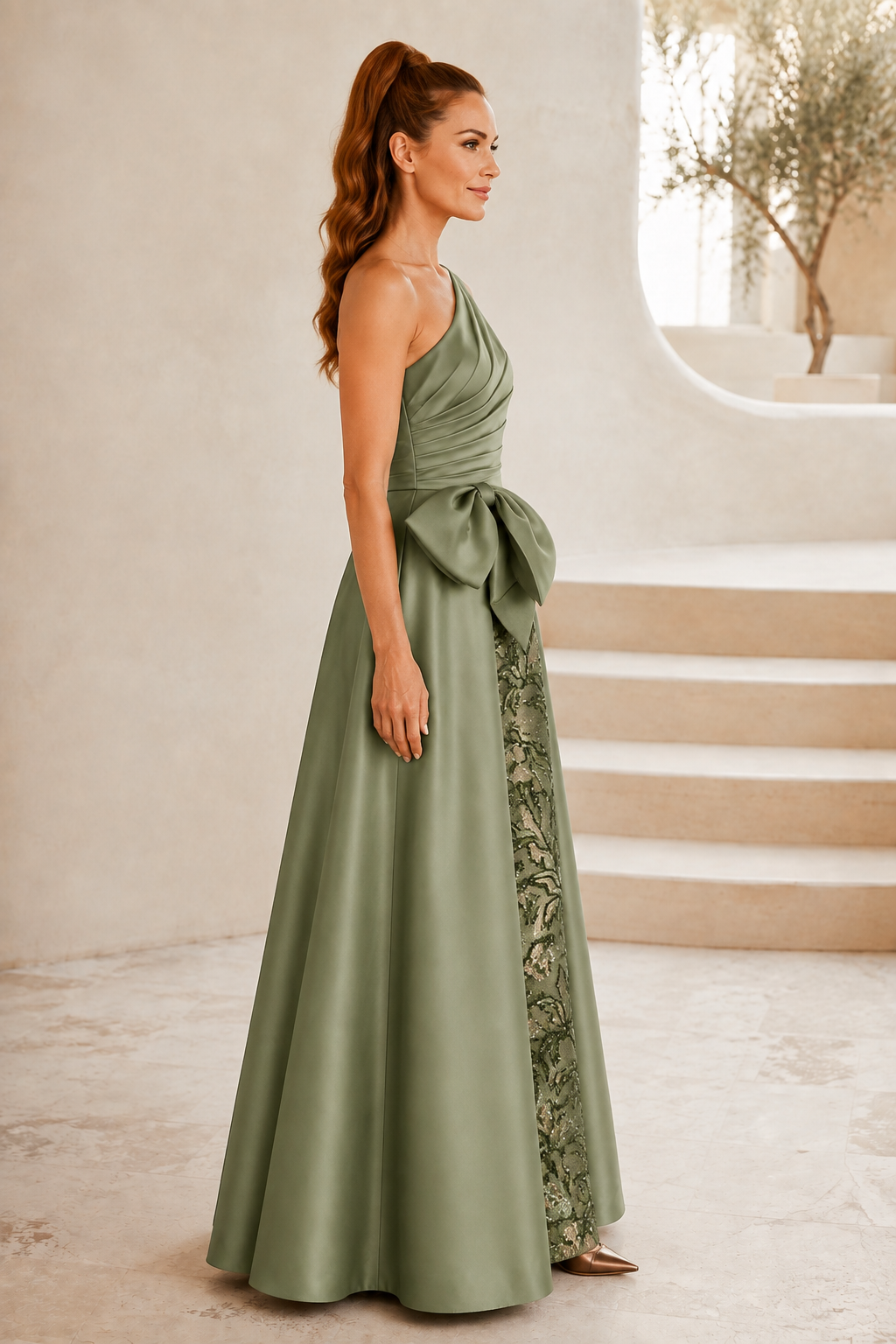One-Shoulder Plisseekleid mit Paillettenrock & Schleife