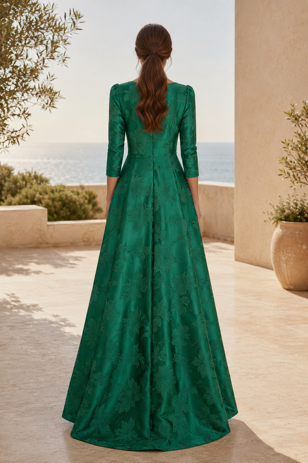 Florales Jacquard-High-Low-A-Linien-Kleid mit Taschen