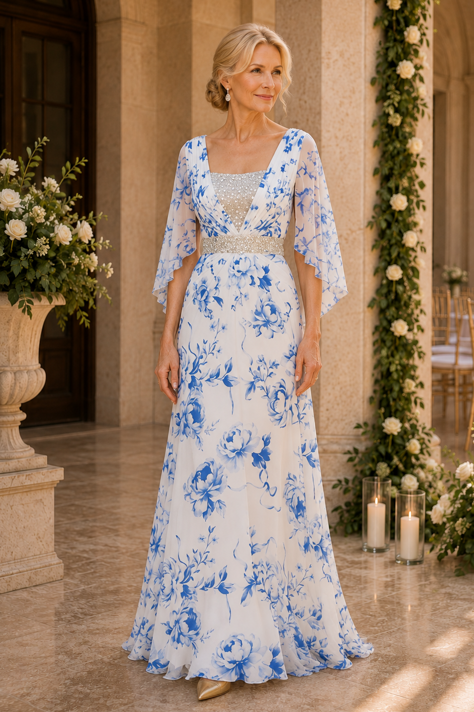 Blumenprint A-Linien-Kleid mit Flatterärmeln