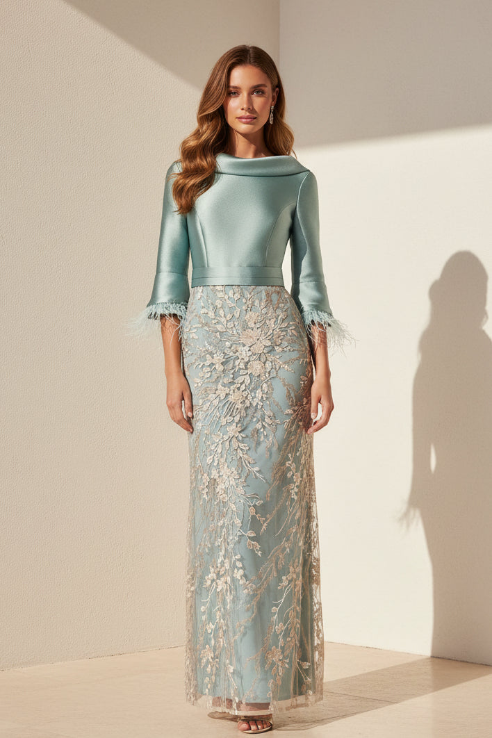 Federärmel-Kleid aus Mikado mit Spitzenapplikationen