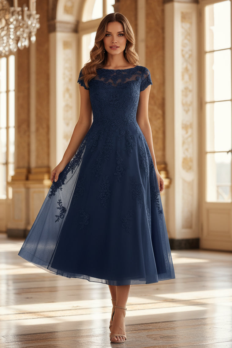 Tee-langes A-Linien-Kleid mit Illusionsausschnitt und Spitze
