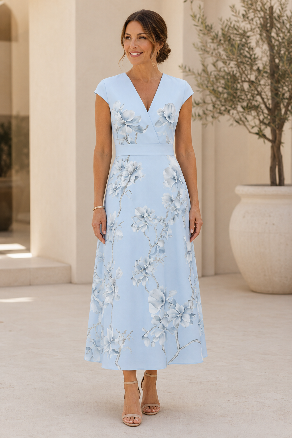 Geblümtes A-Linien Midikleid mit Kappenärmeln