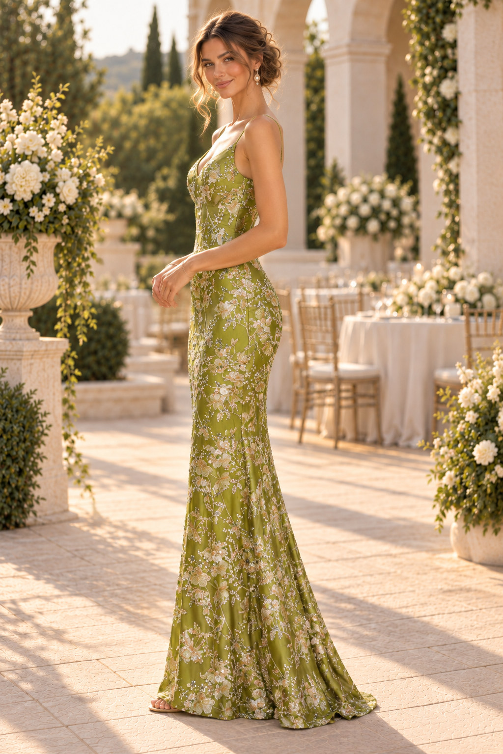 Embroidered Floral Sequin Spaghetti Strap Gown