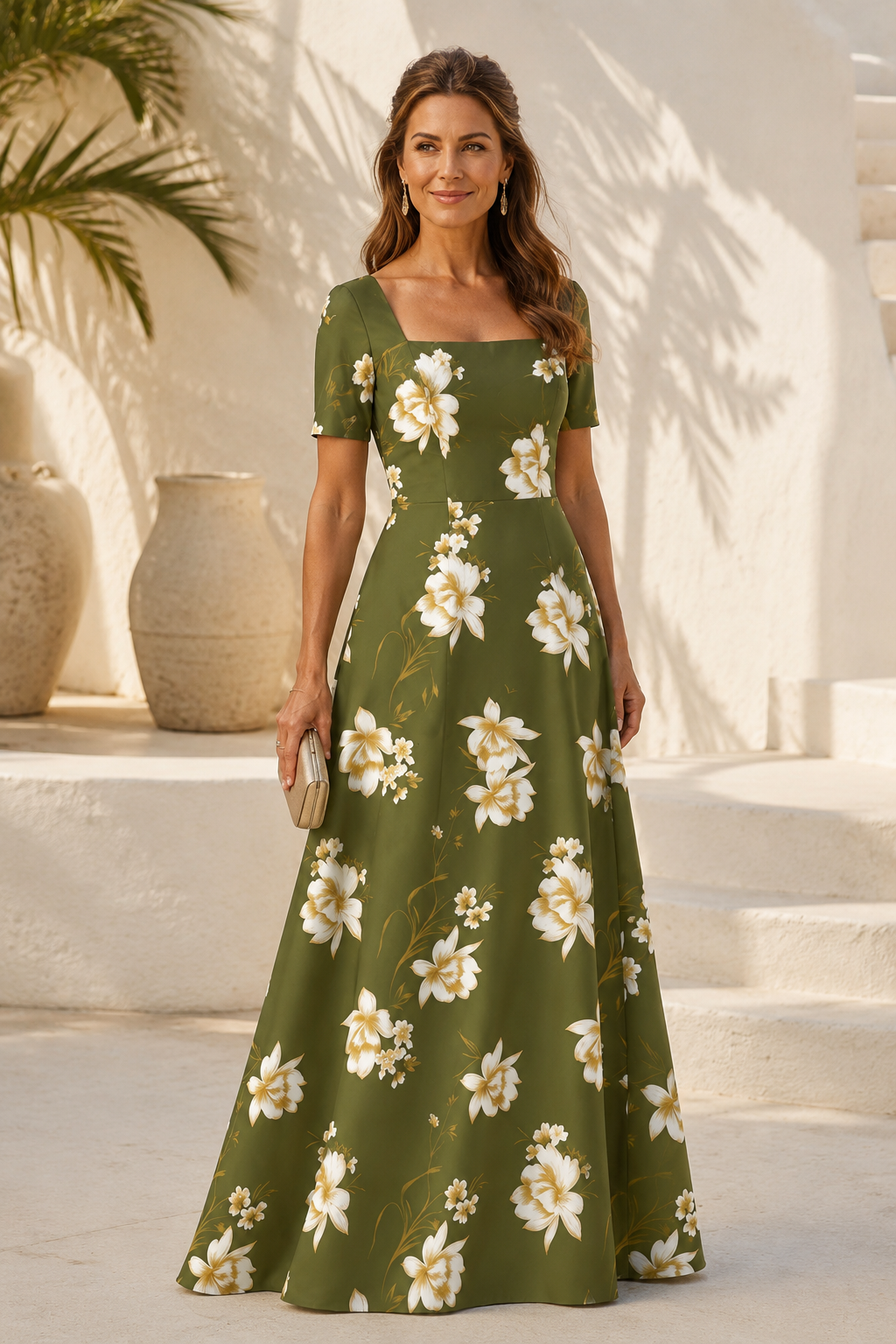 Maxikleid mit Blumenmuster, eckigem Ausschnitt und A-Linie