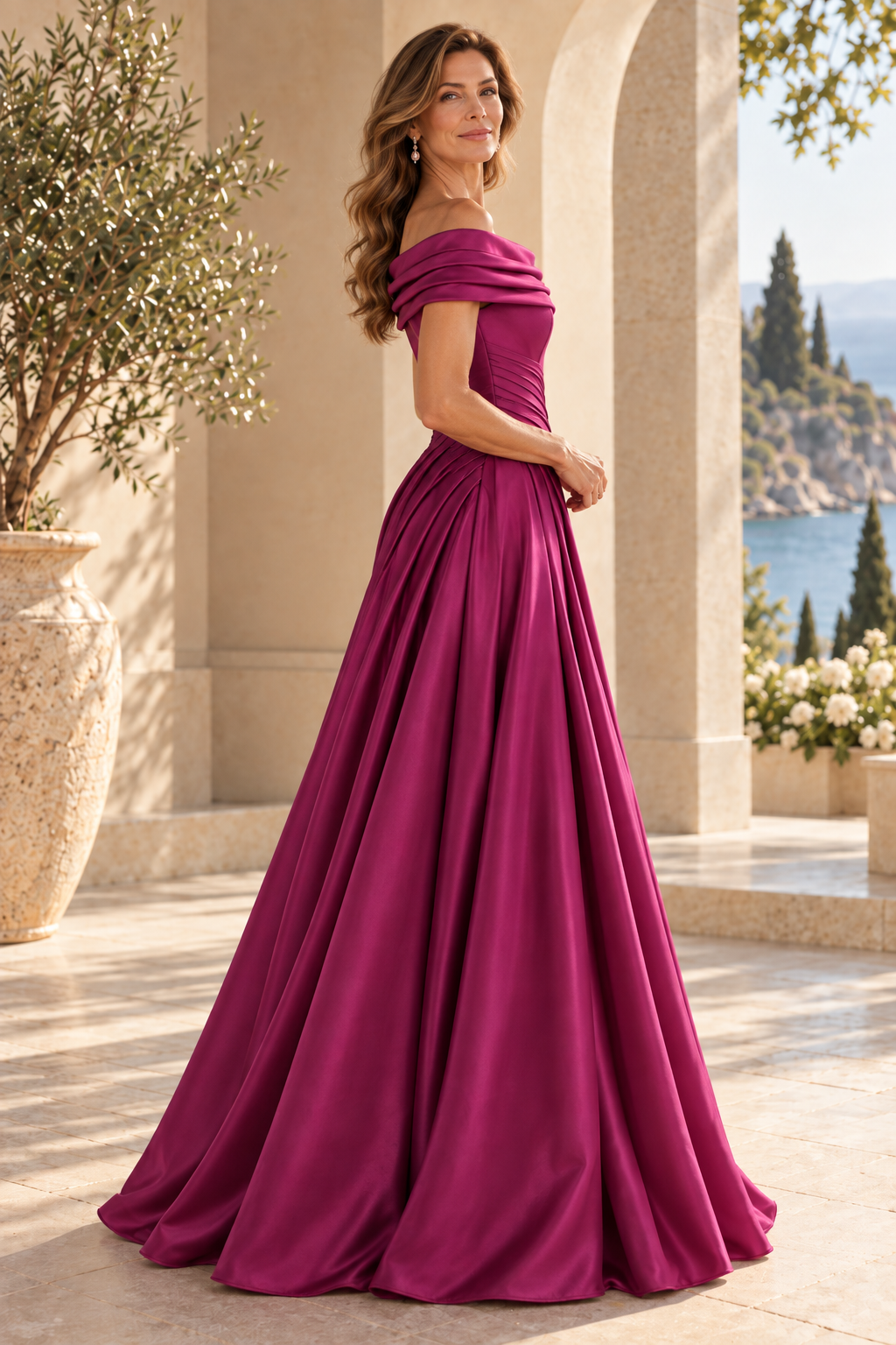 Off-the-Shoulder Pleated Satin A-Line Gown