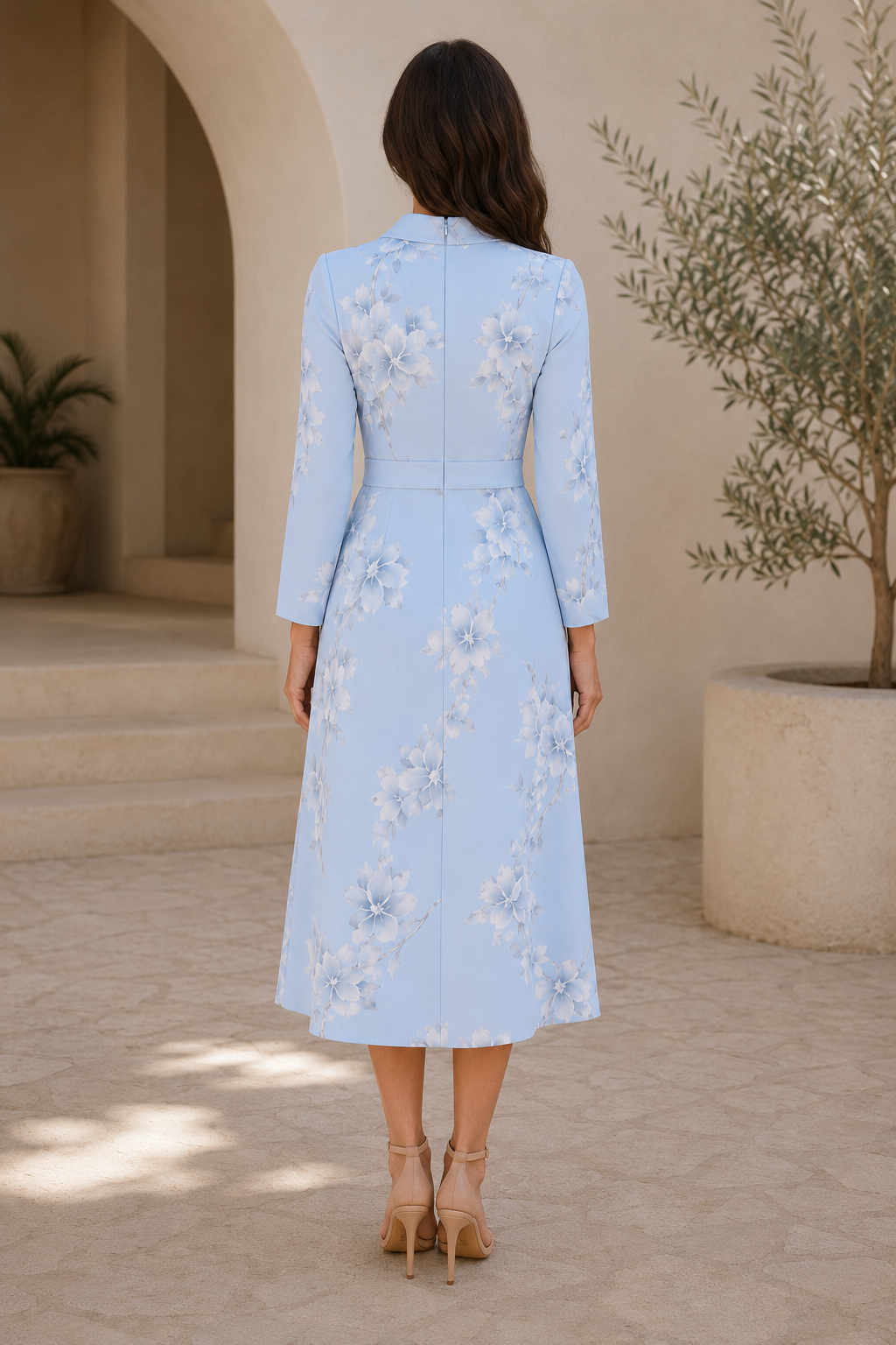 Elegantes Midikleid mit Blumenmuster und langen Ärmeln