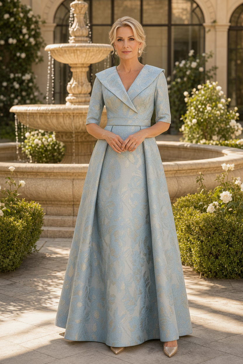 Besticktes A-Linien-Kleid mit Kragen und Ellenbogenärmeln