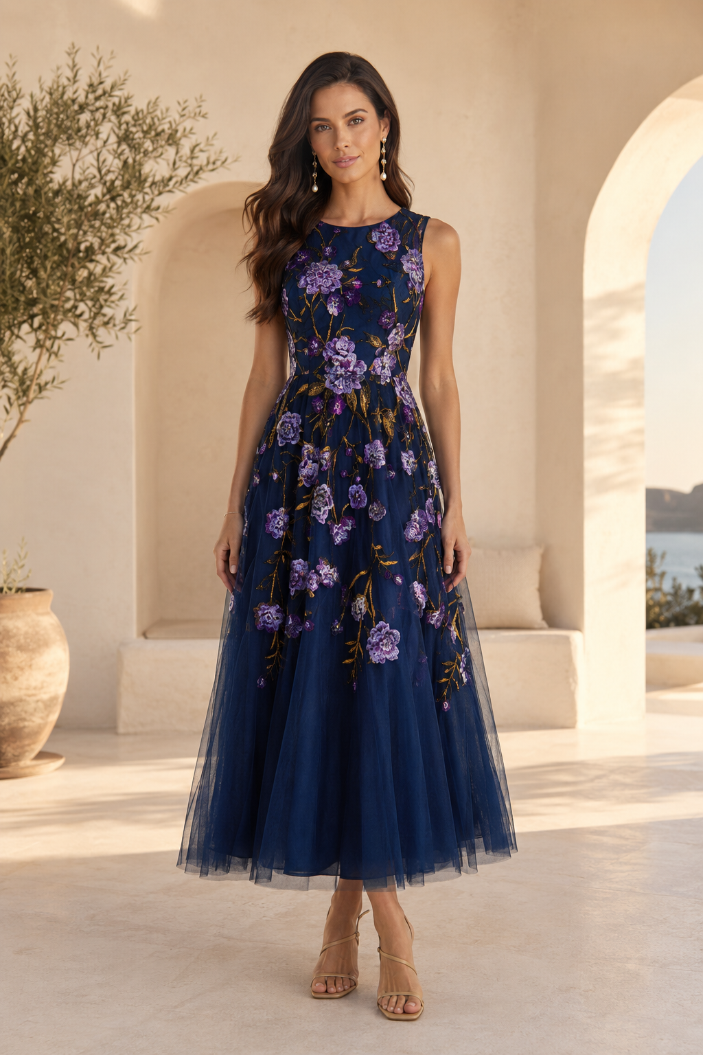 Blumenbesticktes Tüll-A-Linien-Kleid in Teelänge