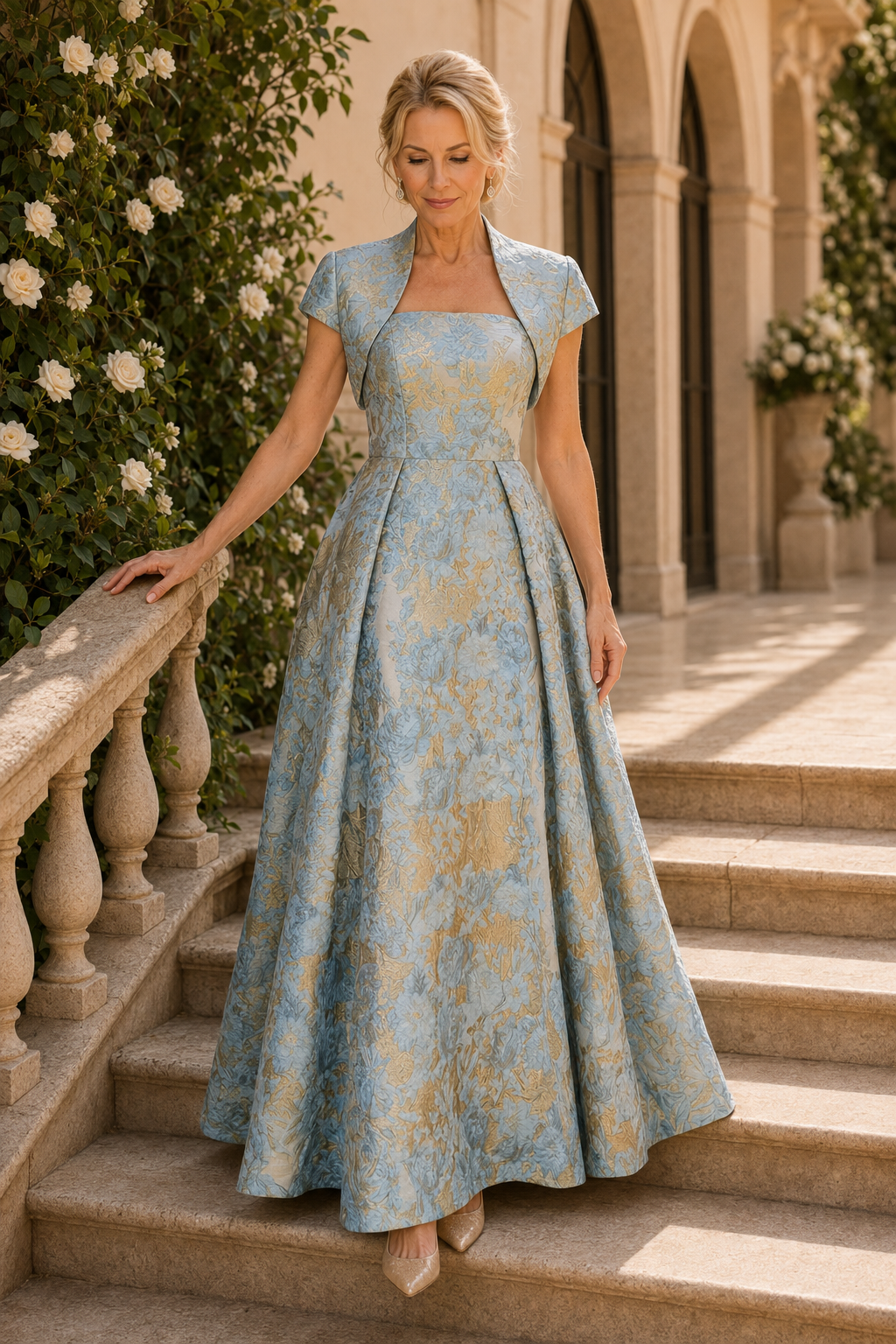 Formelles Brokat-Kleid in A-Linie mit kurzem Bolero