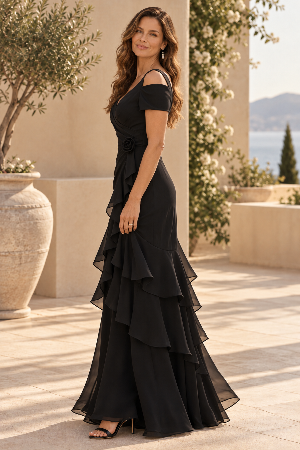 Tiered Ruffle Cold-Shoulder Evening Gown