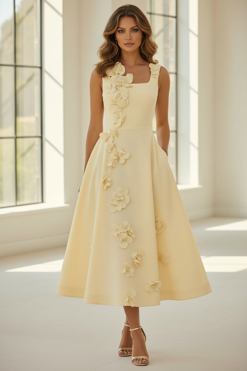 Midi-Kleid mit Blumenapplikationen und eckigem Ausschnitt