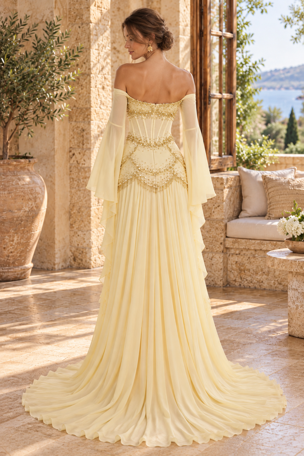 Off-Shoulder Beaded Corset Gown with Bell Sleeves
