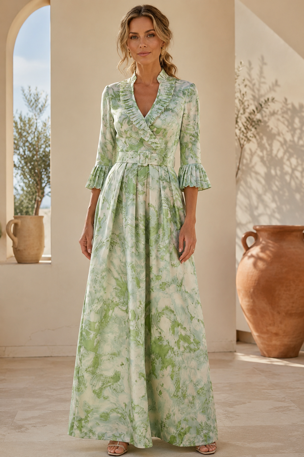 Plissiertes Rüschen-Maxikleid mit V-Ausschnitt und Gürtel