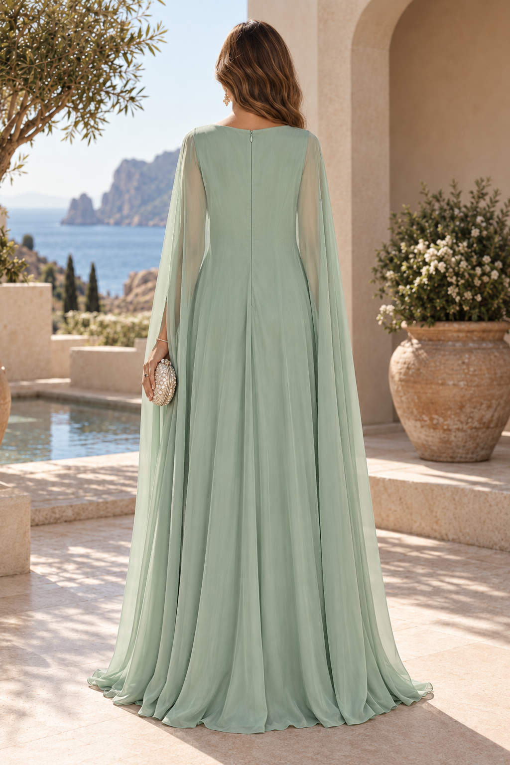 Bateau Neck Cape Sleeve Floor-Length Evening Gown