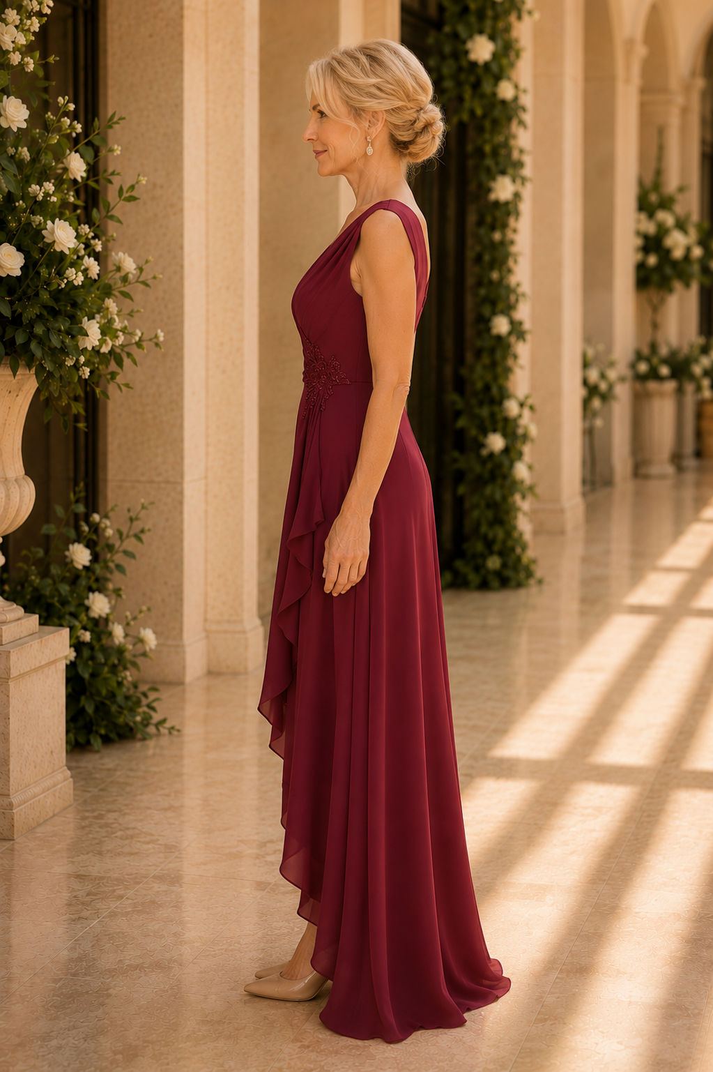 High-Low Chiffon-Abendkleid mit Perlenoberteil
