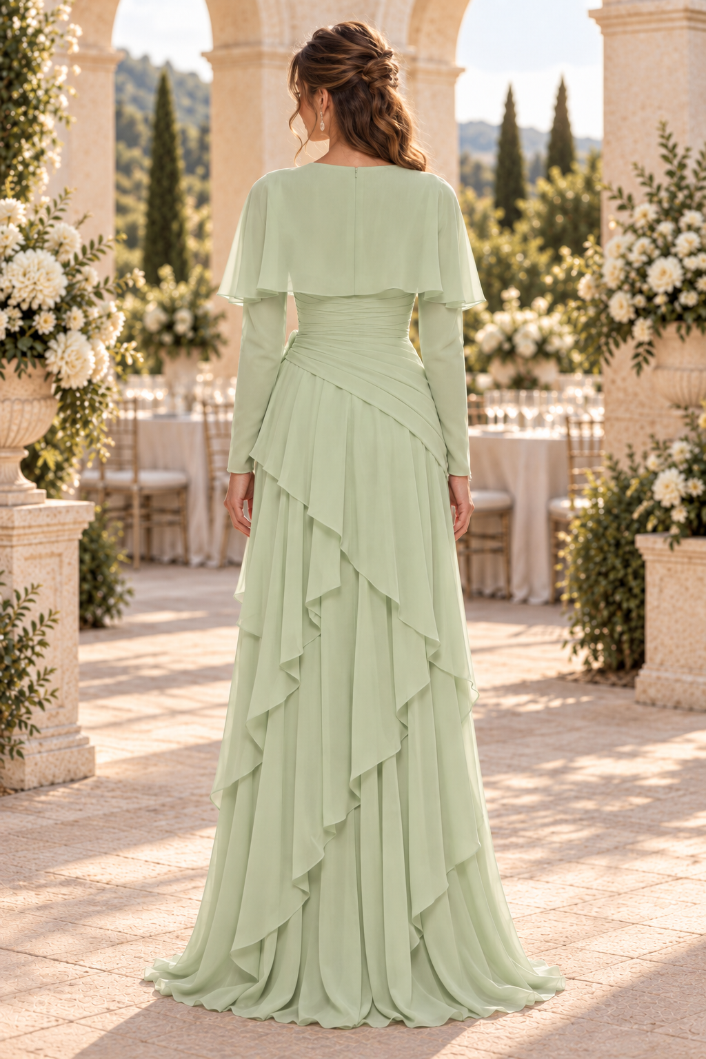 Tiered Maxi Dress with Capelet and Flower