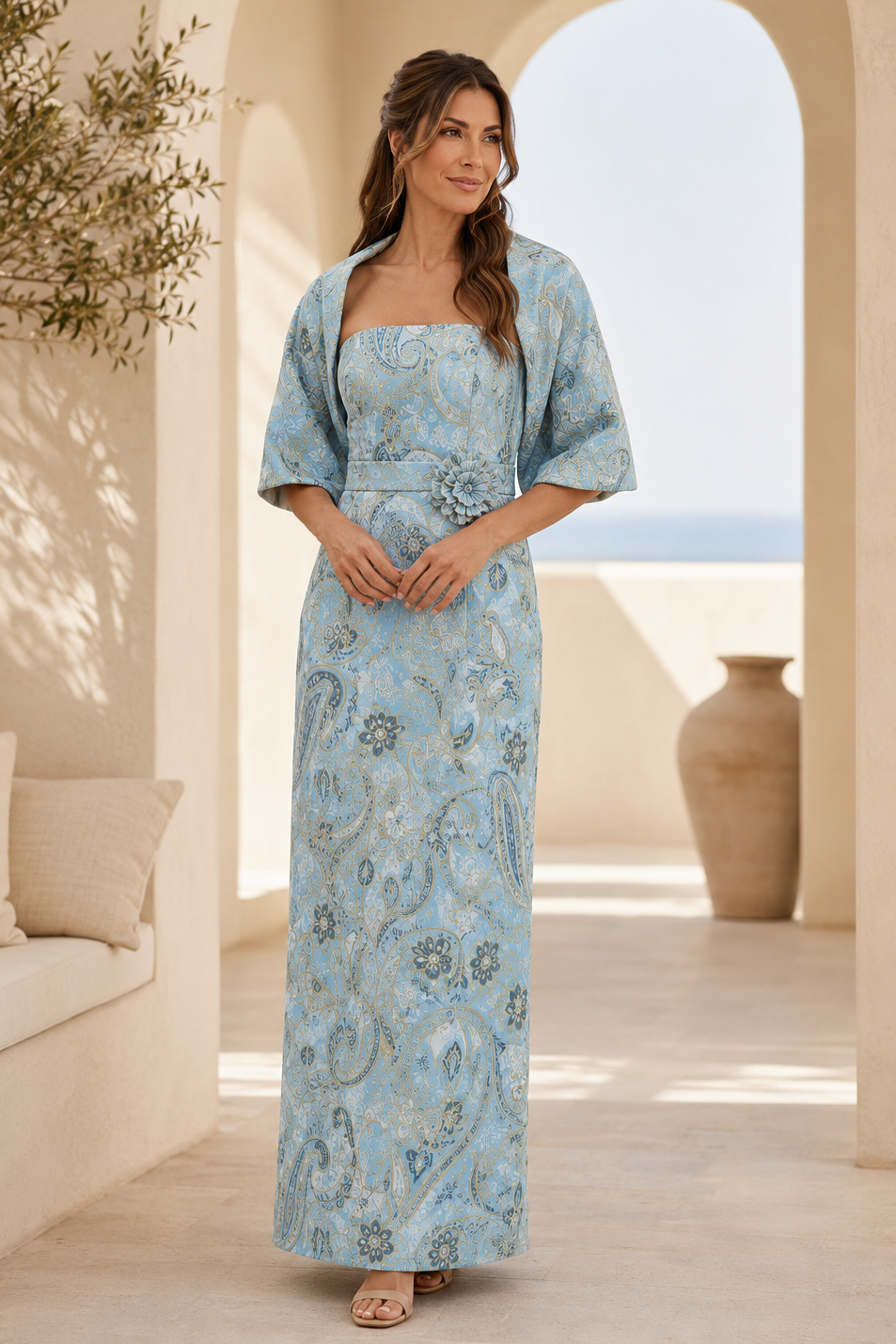 Trägerloses Jacquard-Maxikleid mit passender Jacke