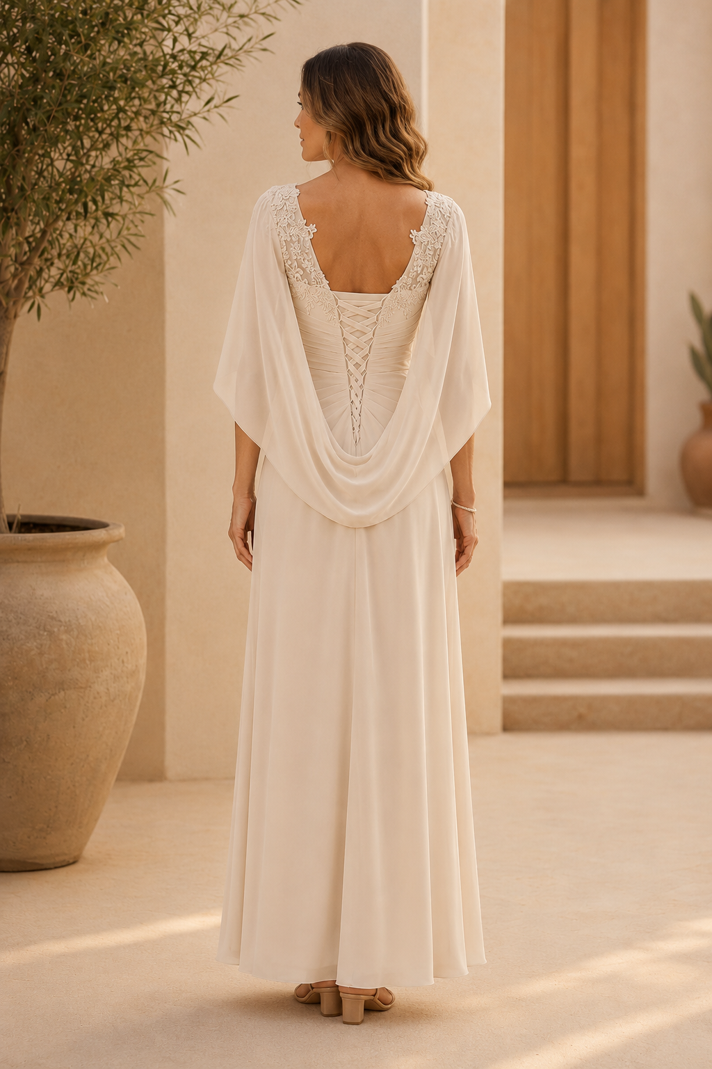 Spitzen-V-Ausschnitt-Abendkleid aus Chiffon mit Cape-Ärmeln