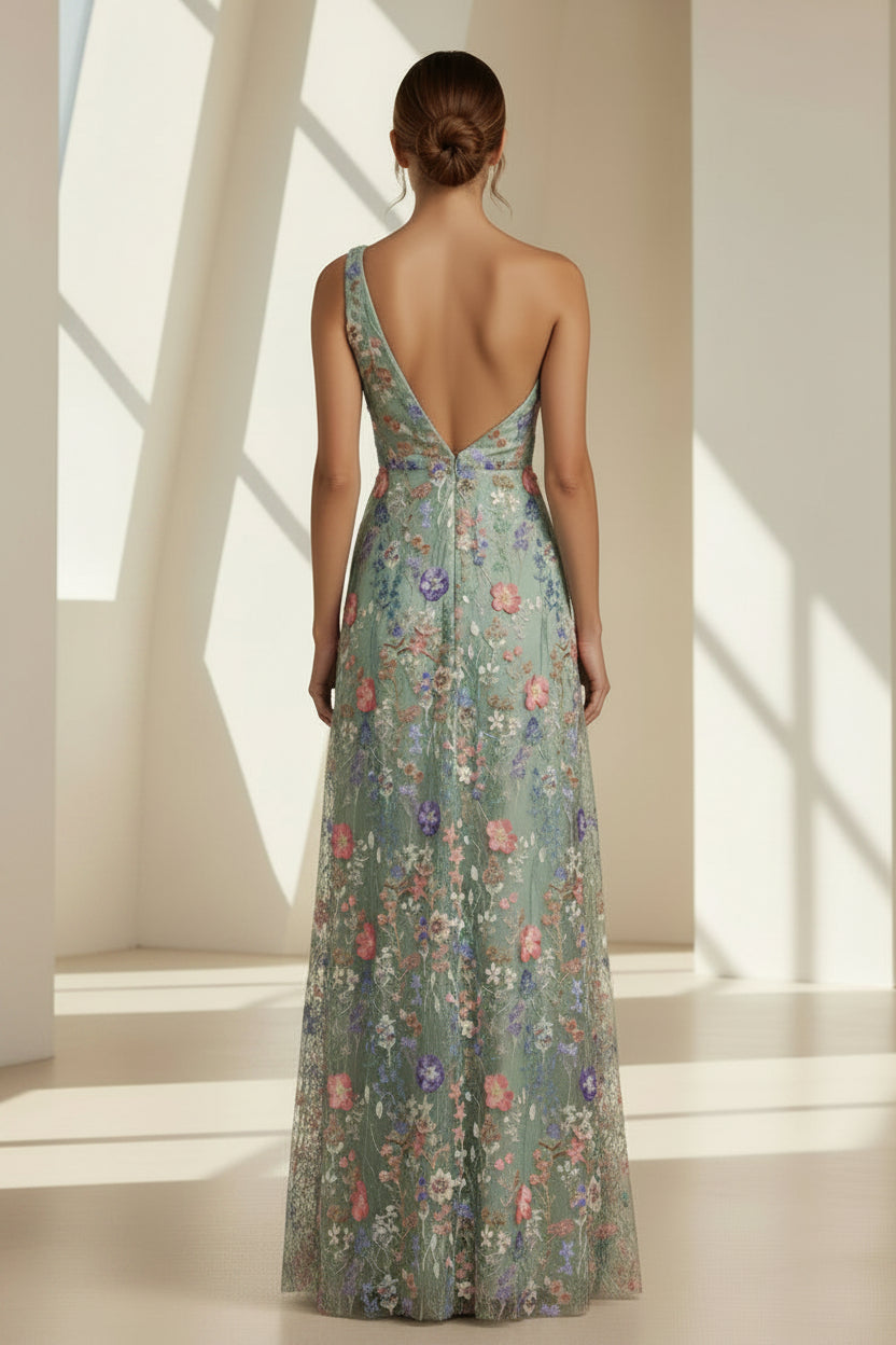 Besticktes florales One-Shoulder-Abendkleid