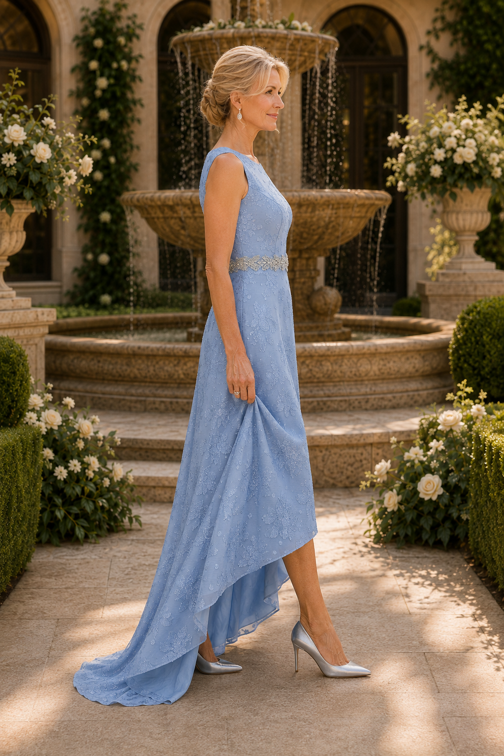 High-Low A-Linien-Kleid aus floraler Spitze mit Perlenbund