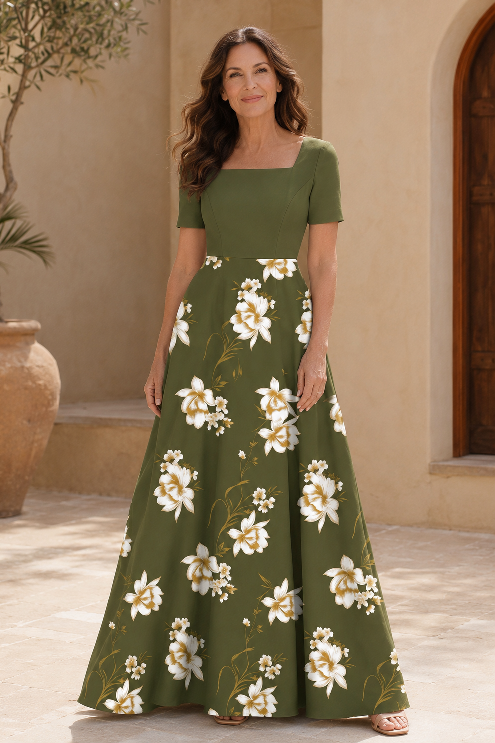 Elegantes A-Linien-Maxikleid mit quadratischem Ausschnitt und Blumenmuster
