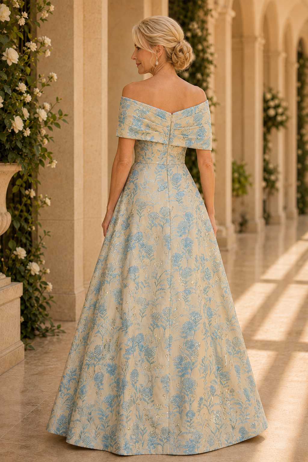 Blumen-Jacquard-A-Linien-Kleid mit Carmen-Ausschnitt
