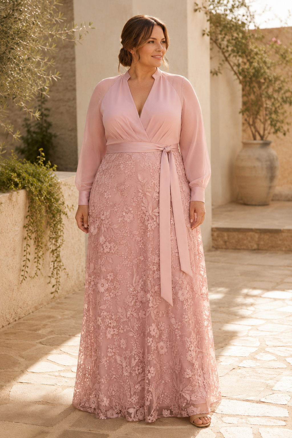 A-Linien-Abendkleid aus Spitze und Chiffon mit langen Ärmeln