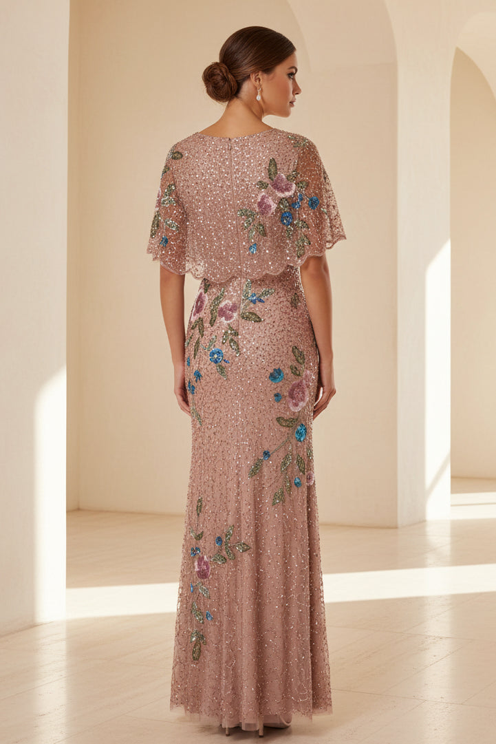 Säulenkleid mit Perlen-Capelet und Blumenstickerei