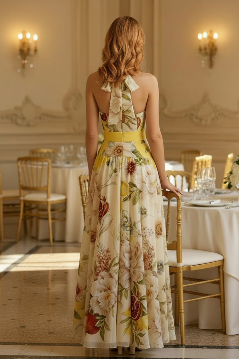Geblümtes Neckholder-Maxikleid mit Schlüssellochausschnitt