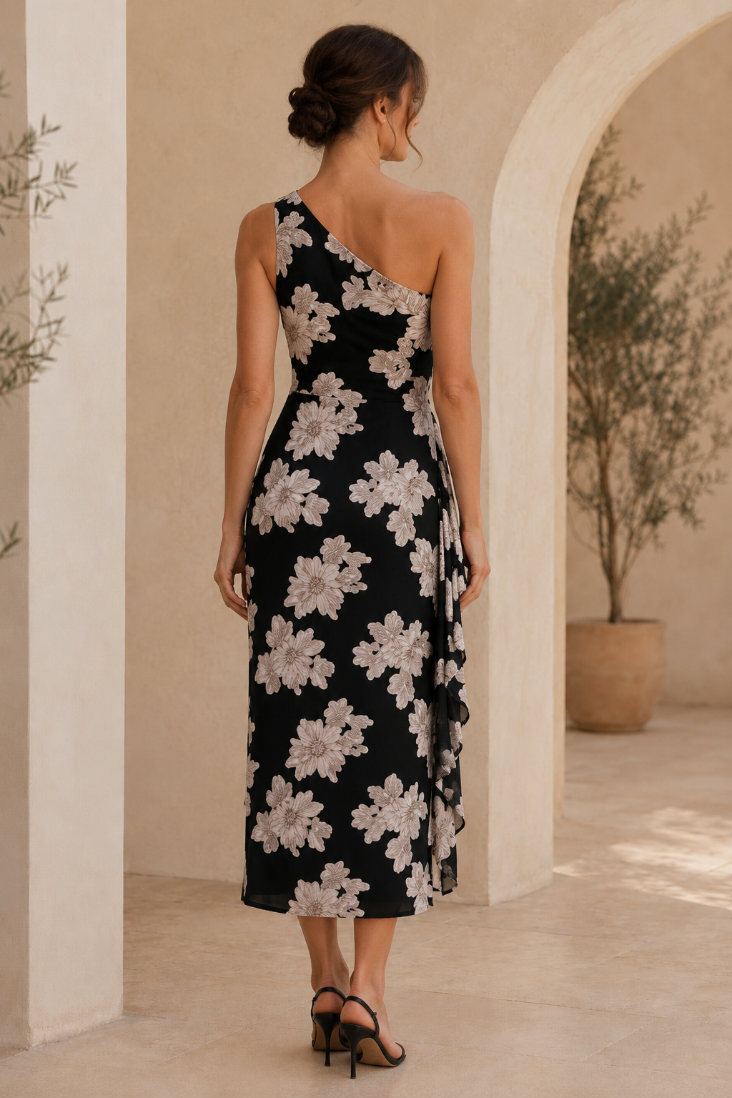 One-Shoulder Midi-Kleid mit Blumenmuster und seitlicher Rüsche