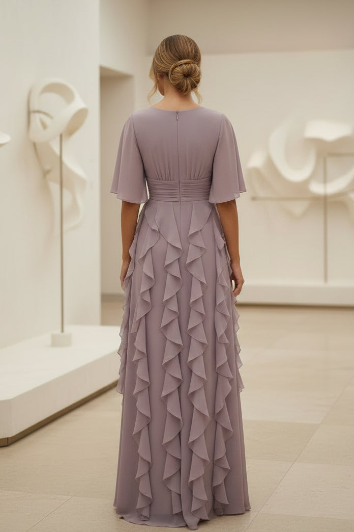 Rüschen Chiffon-Kleid mit Flatterärmeln und bodenlangem Rock