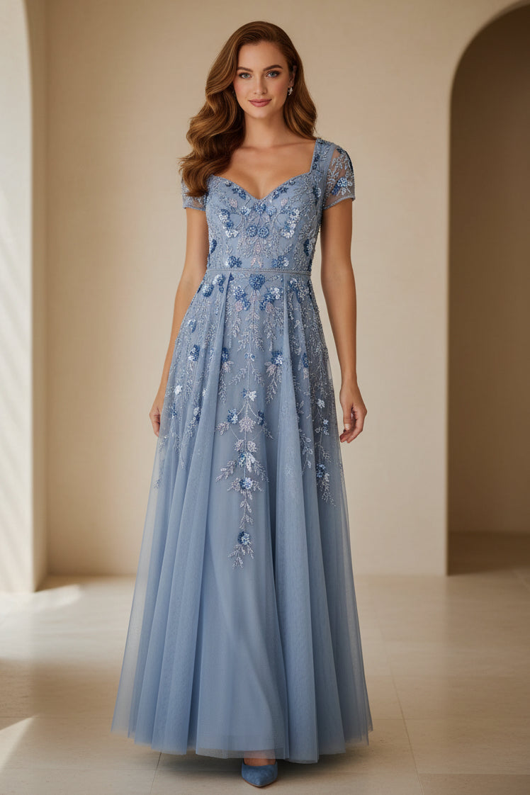 A-Linien Tüll Abendkleid mit Blumenstickerei
