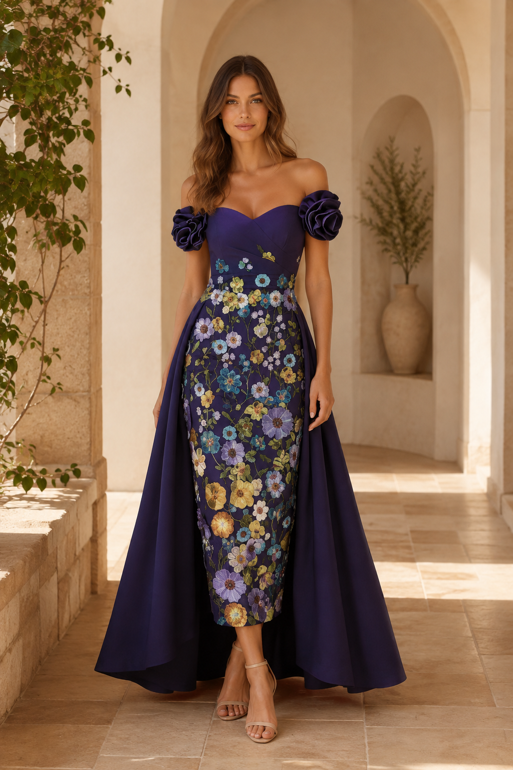 Carmen-Blumenkleid mit Rosettenträgern und Überrock