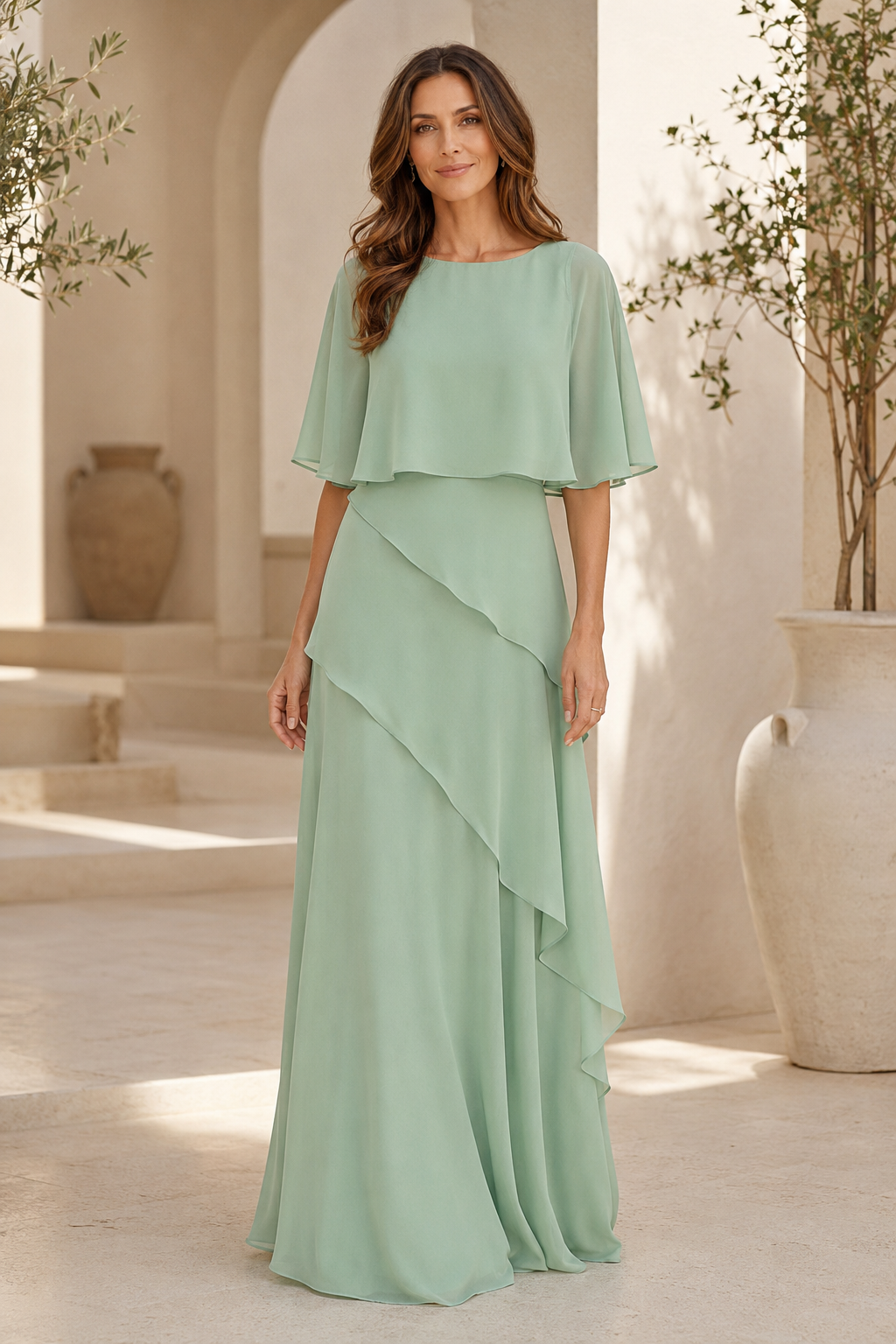 Chiffon-Maxikleid mit Cape-Ärmeln, Stufenrock und asymmetrischem Saum