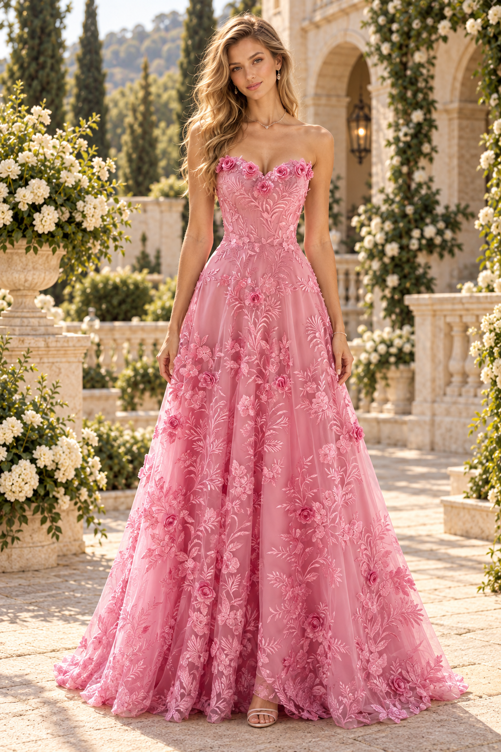 3D Floral Applique Strapless A-Line Gown
