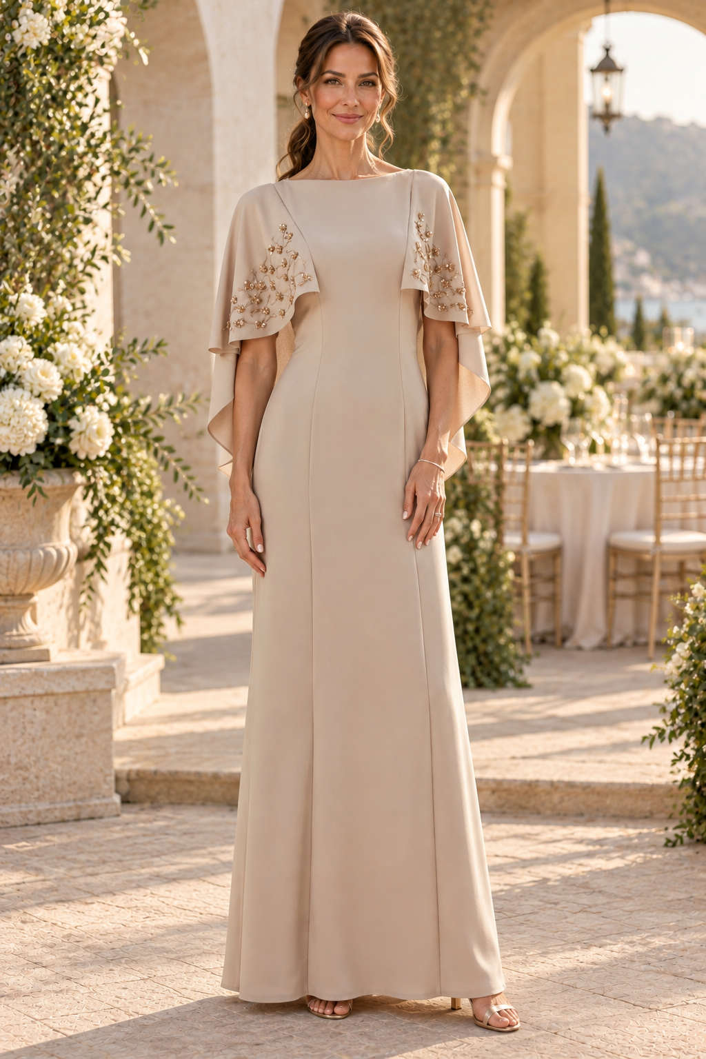 Embellished Cape Sleeve Floor-Length Gown