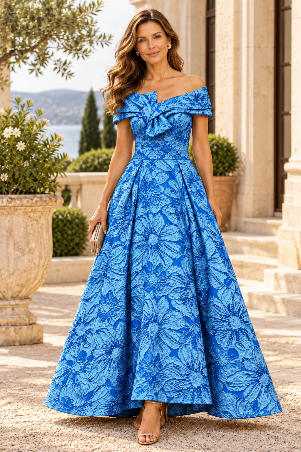 Off-the-Shoulder Jacquard Ball Gown with Bow