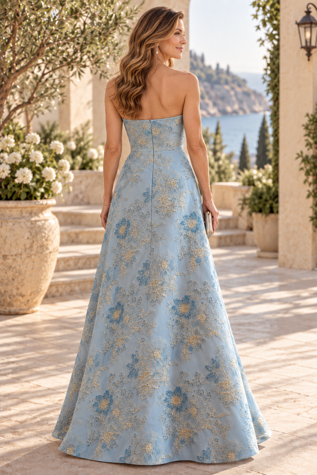 Strapless Floral Jacquard A-Line Evening Gown