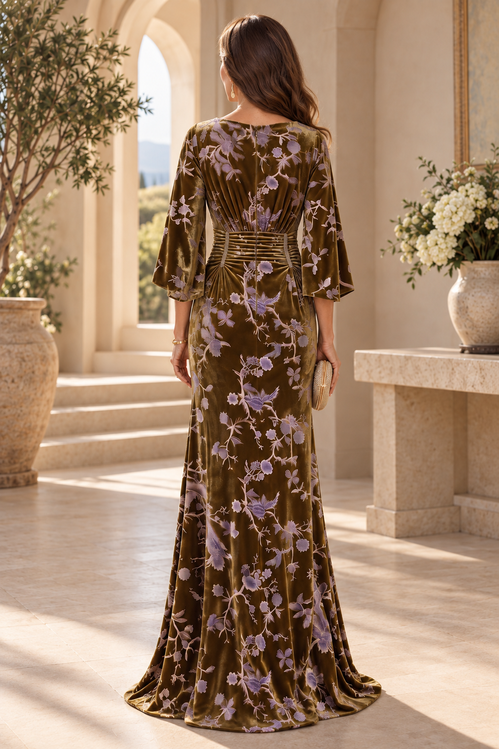 Floral Velvet Bell Sleeve Gown with Ruched Waist