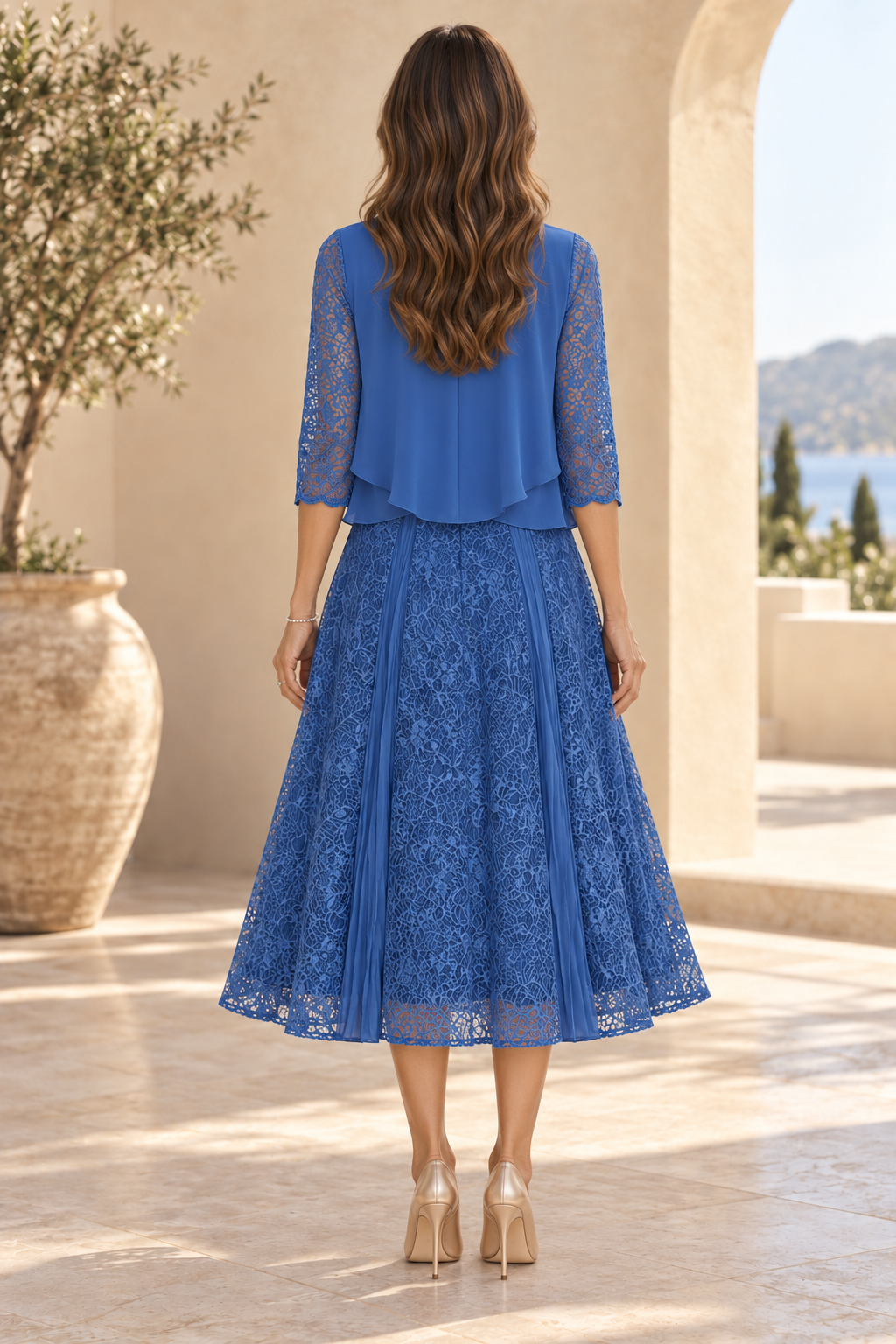 Lace Midi A-Line Dress with Layered Bolero Jacket