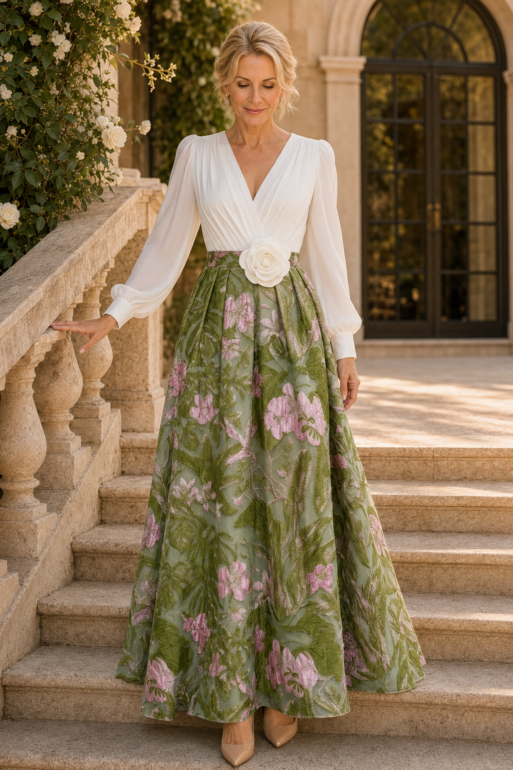 Langärmeliges Jacquard-Ballkleid mit 3D-Blumenapplikationen